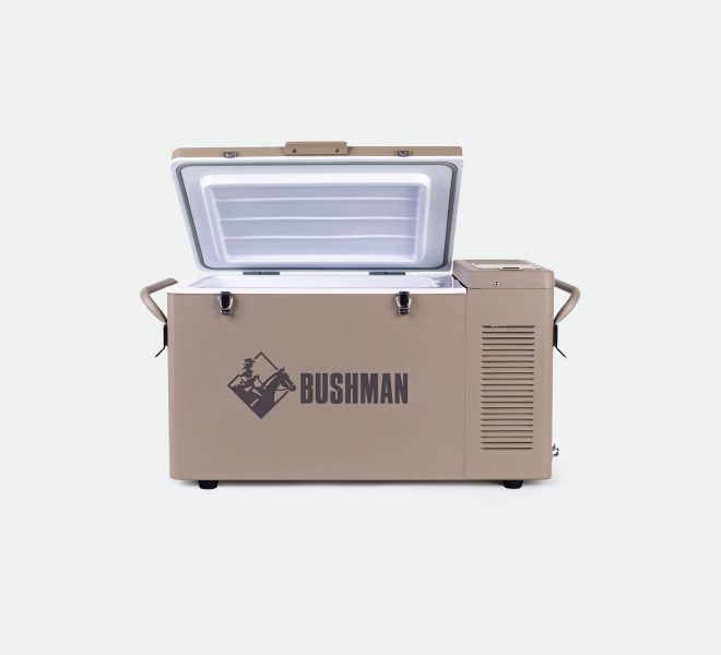 Front fiew of Original Bushman Fridge 35L with lid open