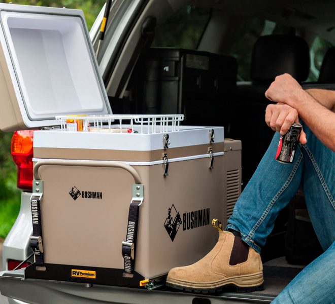 Bushman HD Fridge Slide mounted with Bushman Fridge and top door open on a 4WD