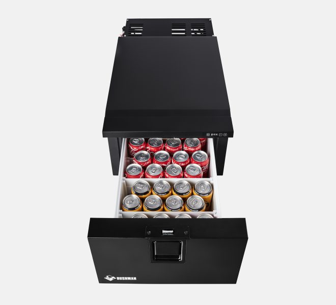 Opened Bushman DF30-HD Fridge with Drinks Inside