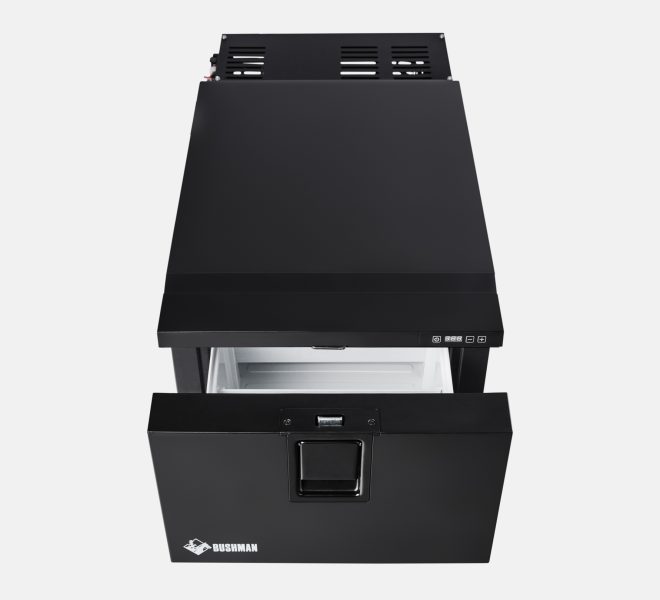 Top View of Bushman DF30-HD Fridge with half-open door