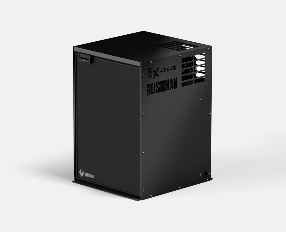 Bushman Fridge Box DC130 in black, with fridge inside. Front, top and side view on display.