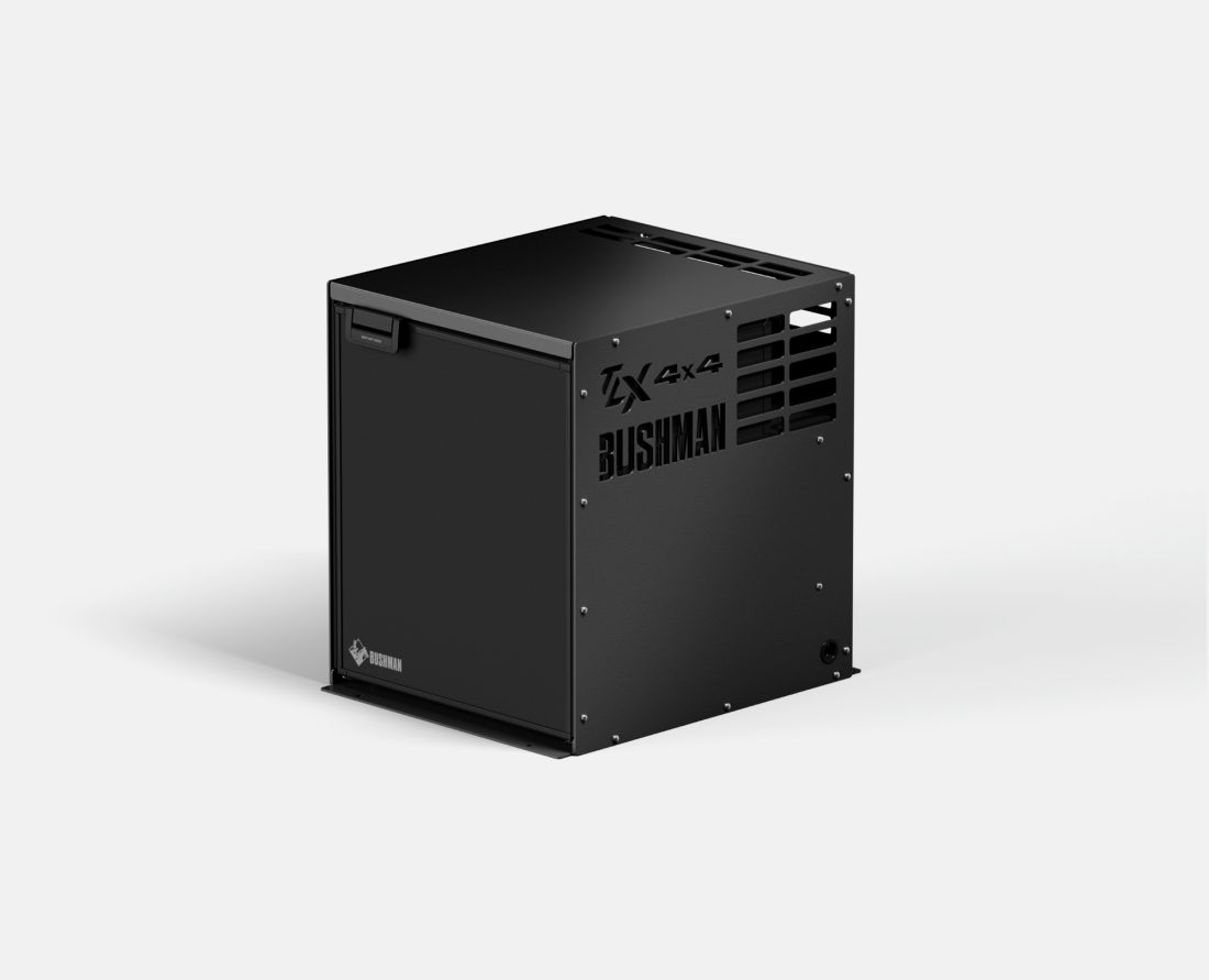 Bushman Fridge Box DC65 in black, with fridge inside. Front, top and side view on display.
