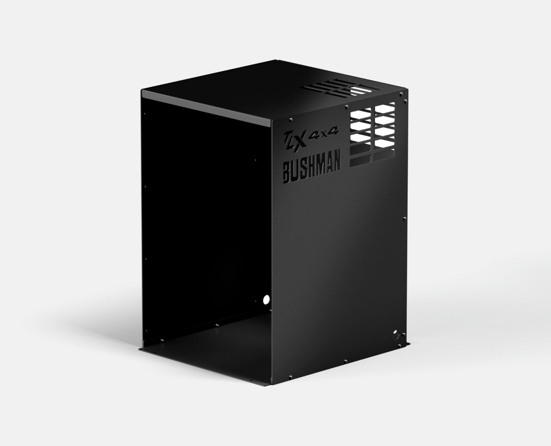 Bushman Fridge Box DC130 in black, without fridge. Front, top and side view on display.