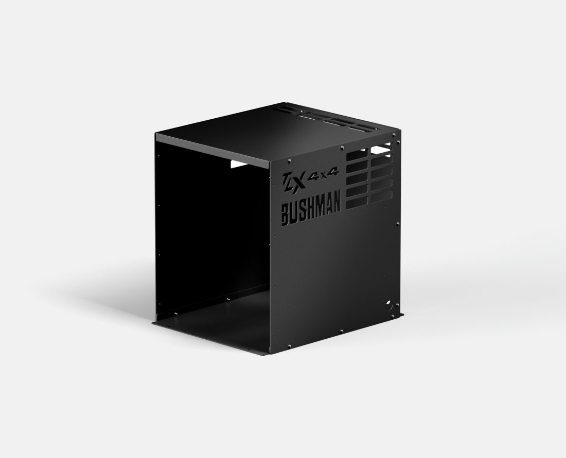 Bushman Fridge Box DC65 in black, without fridge. Front, top and side view on display.