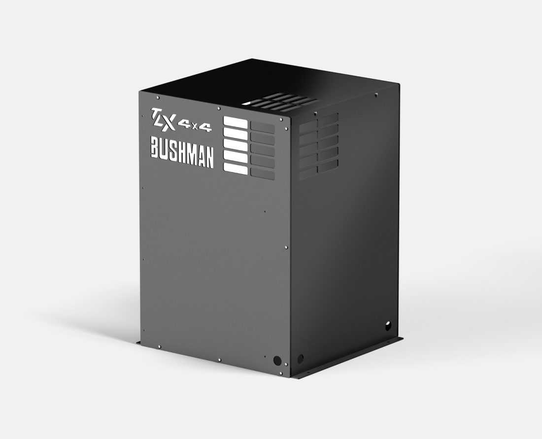 Bushman Fridge Box DC130 in black, without fridge. Back, top and side view on display.