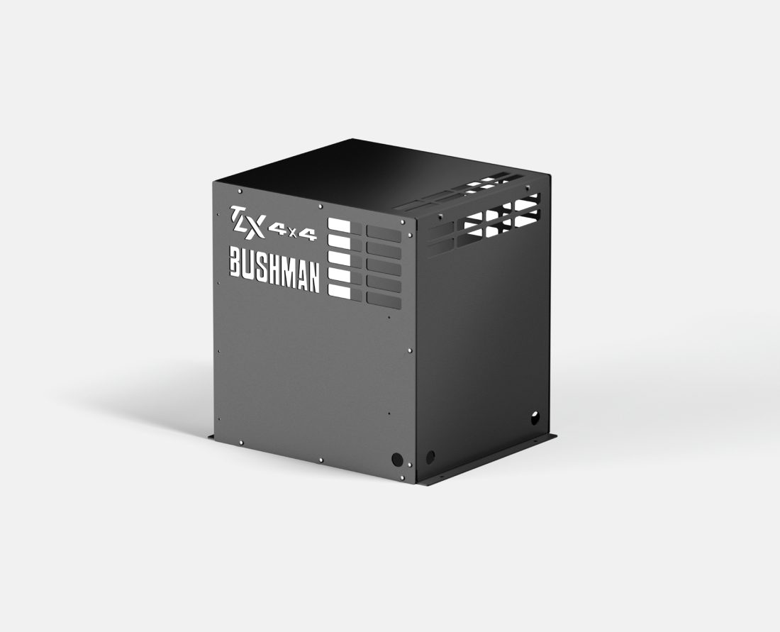 Bushman Fridge Box DC85 in black, without fridge. Back, top and side view on display.