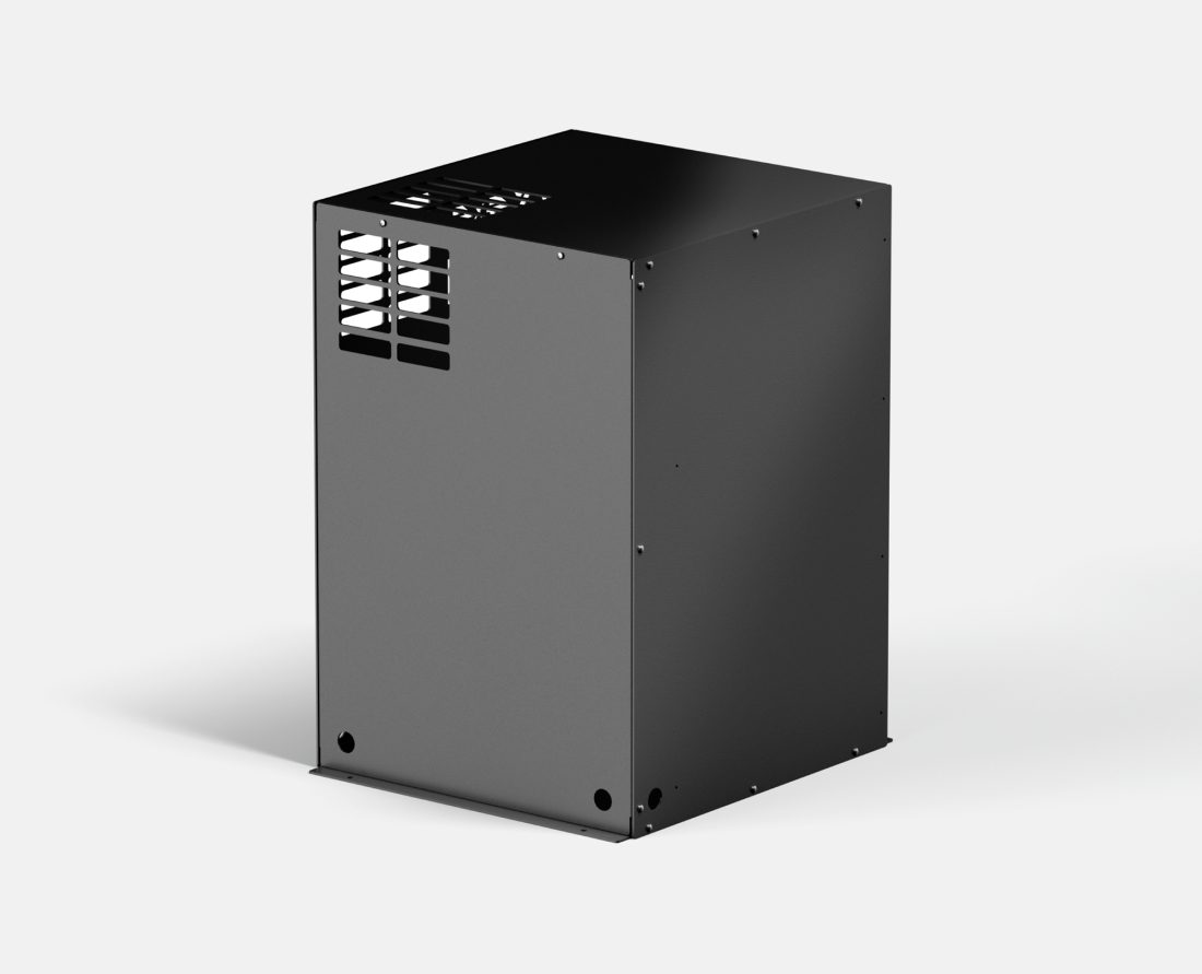 Bushman Fridge Box DC130 in black, without fridge. Back, top and side view on display.