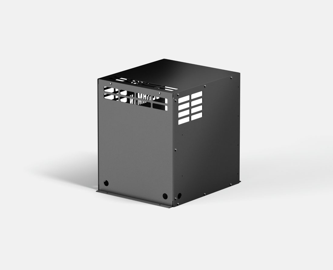 Bushman Fridge Box DC85 in black, without fridge. Back, top and side view on display.
