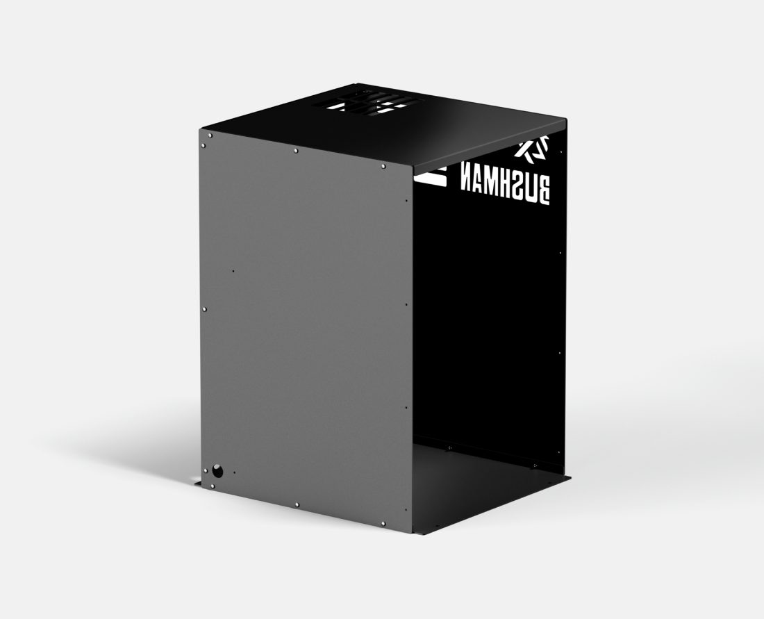 Bushman Fridge Box DC130 in black, without fridge. Front, top and side view on display.