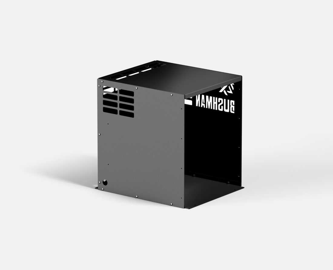 Bushman Fridge Box DC85 in black, without fridge. Front, top and side view on display.