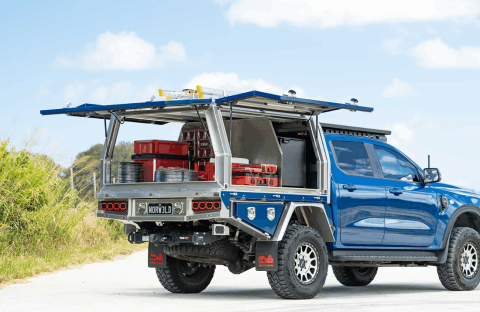 norweld ford ranger tradie cargo canopy bushman dc65x fridge setup